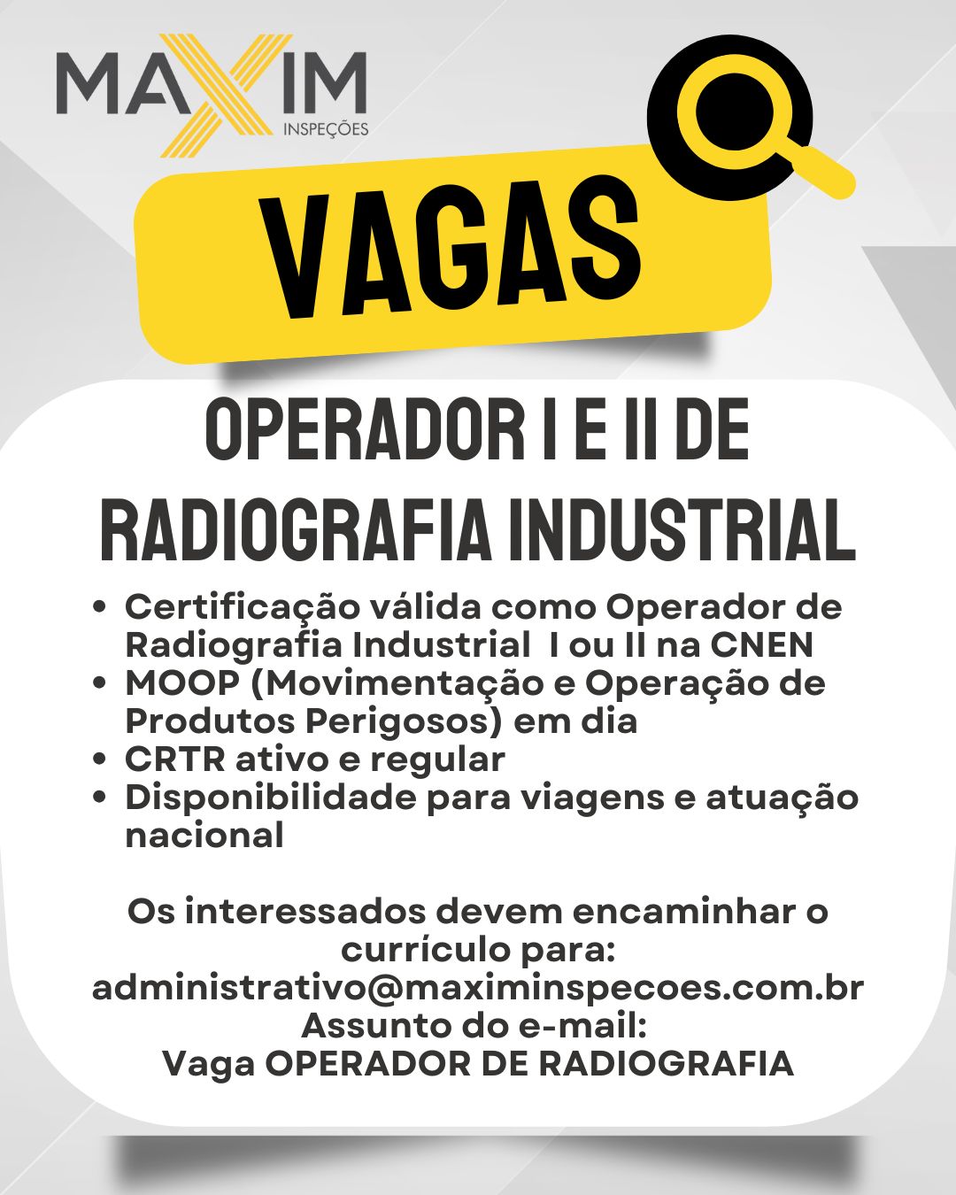 Operador I e II de Radiografia Industrial